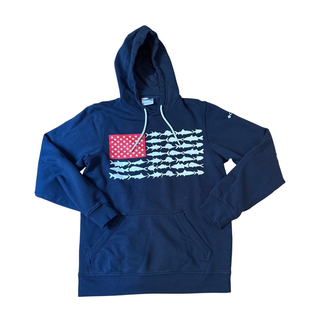 Columbia Hoodie Mens Navy Blue Fish American Flag Graphic SIZE XS